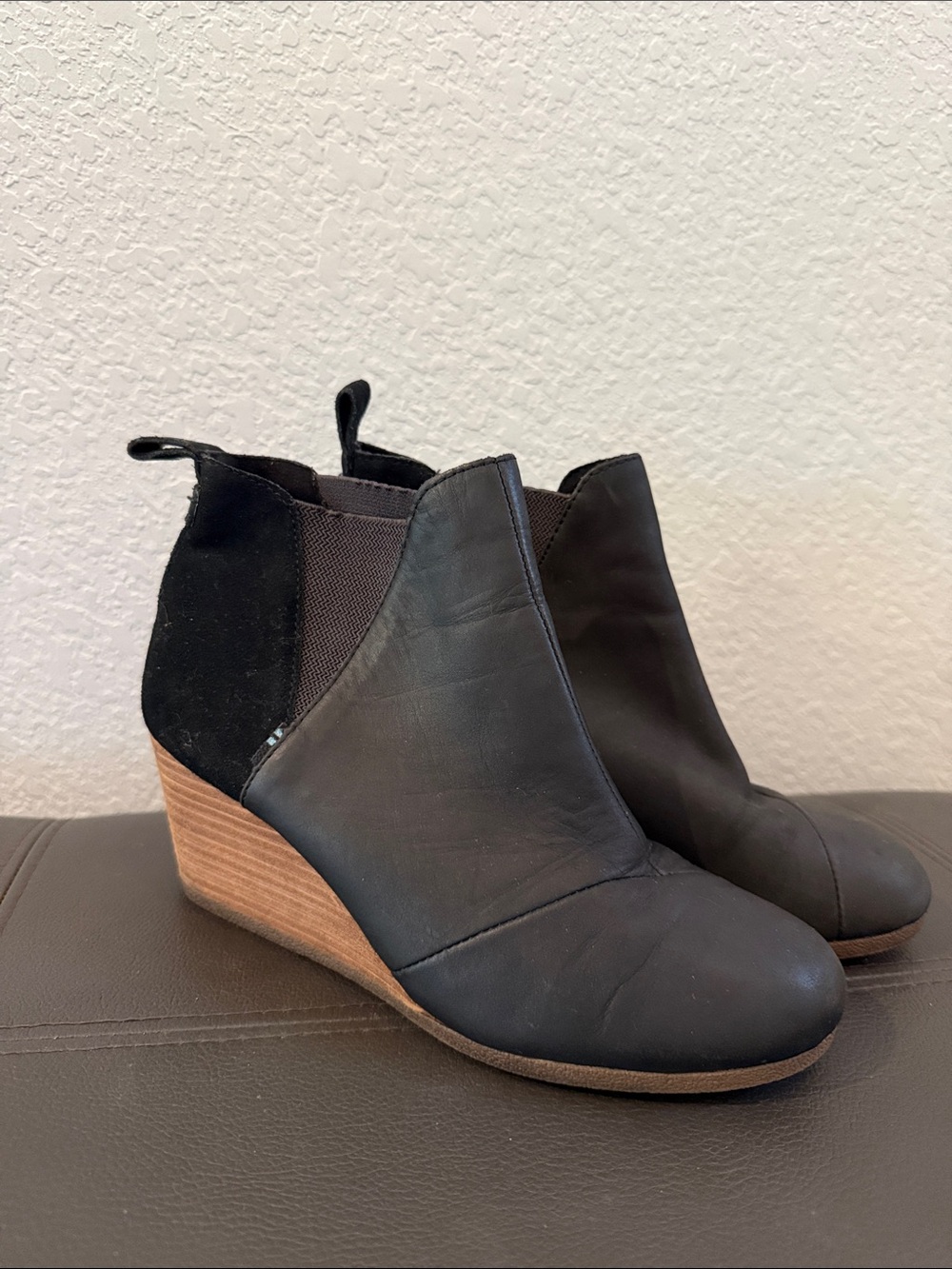 Toms Black Leather and Suede Wedge Booties with Wood-Look Heel